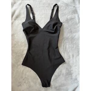 Skims Sz Small Unlined Plunge Thong Bodysuit Onyx Black Minimalist Capsule Basic